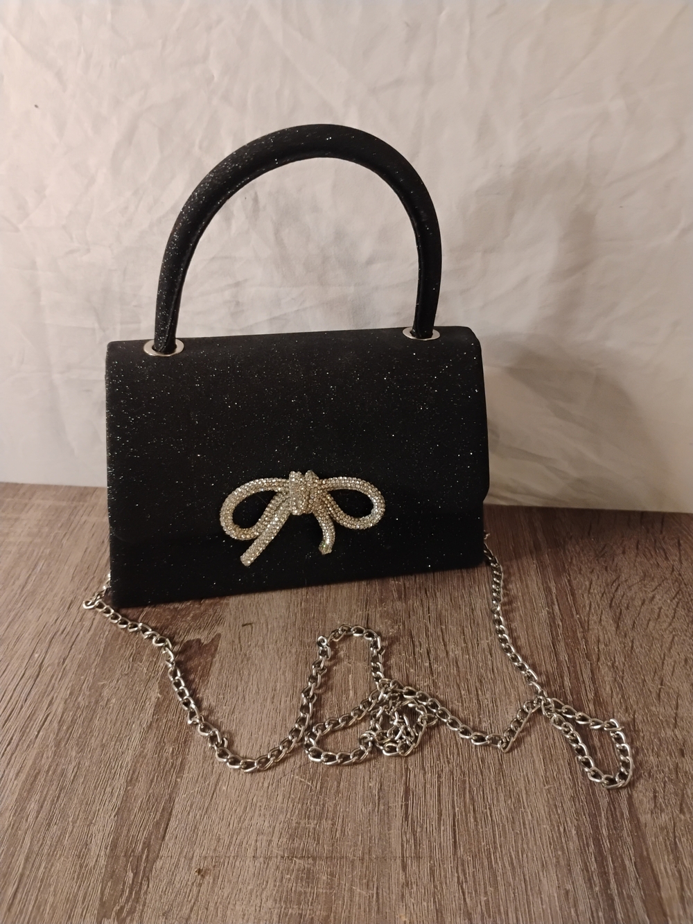 Black Glitter Mini Top-Handle Bag with Crystal Bow Accent
